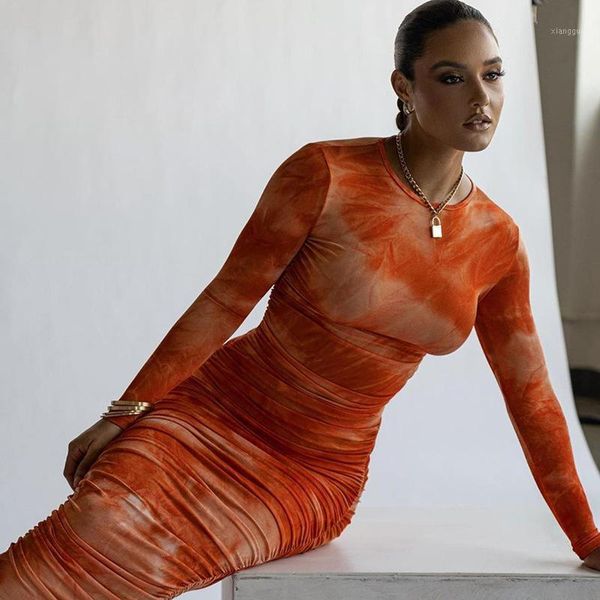 

tie-dye print ruched dress women o-neck knee-length dresses ladies winter skinny partywear women elastic vestidos1, Black;gray