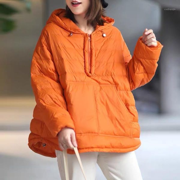 

johnature korean irregular white duck down hooded pullover down coat winter 2020 new loose comfortable plus size women jacket1, Black