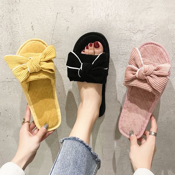 

fashion spring autumn indoor women slippers butterfly knot corduroy home non slip flat ladies shoes living room women slippers x1020, Black