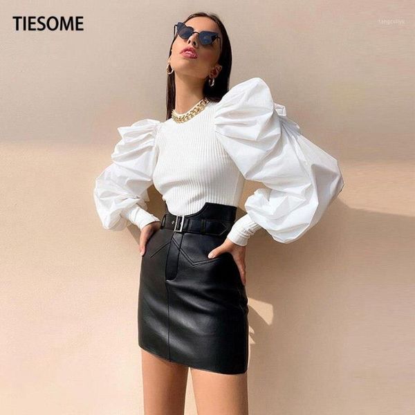 

tiesome lantern sleeve women solid blouse 2020 summer autumn slim crop female high street blouse office lady1, White