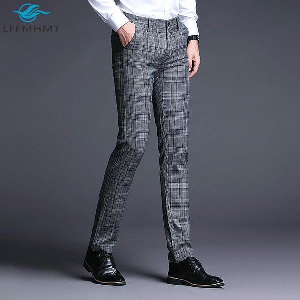 

spring autumn fashion men korean style classical plaid trousers mid waist slim fit casual straight suit pants male, White;black