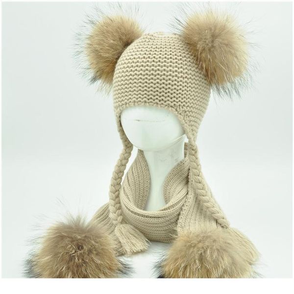 

kids winter hat and scarf set children luxury big fur ball warm crochet beanie set real raccoon fur pom pom qyloli