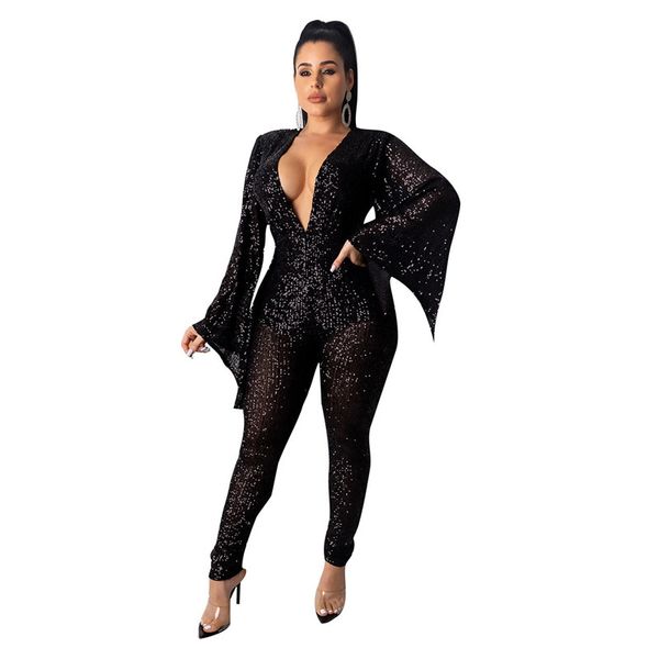 

womens designer jumpsuits fashion deep v neck sequins slim rompers long pants jumpsuits female clothing, Black;white