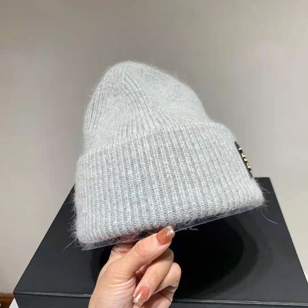 

wool knitted beanie hat rabbit fur mens casual grey woman stylish fame travel fashion warm winter hat, Blue;gray