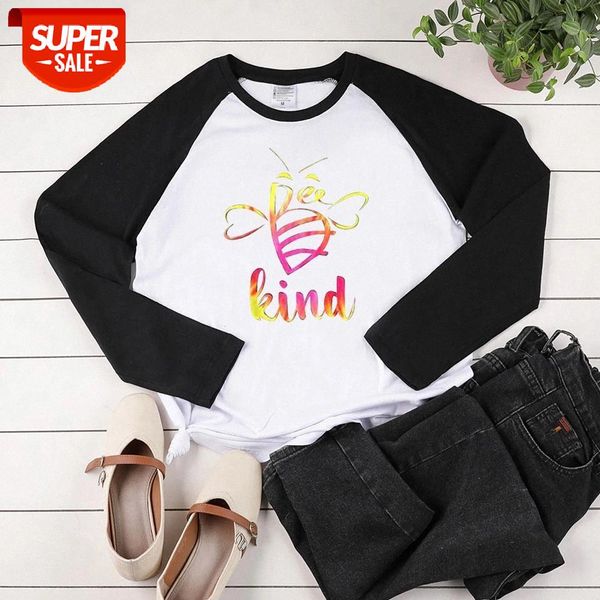 

bee kind print long sleeve t-shirts women autumn winter aesthetic clothes streetwear graphic tee woman two-tone stiching tshirt #kx8a, White