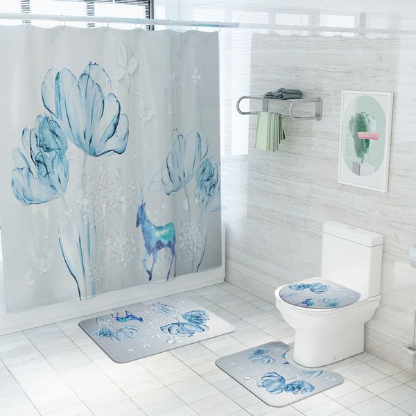 

light blue elk printed polyester fiber shower curtains flowers bathroom curtain toilet cover mat non-slip bath rug carpet sets
