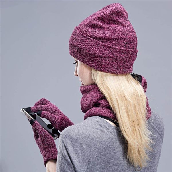 

new knitted scarf gloves hat set female circle neck screen touch finger warm scarves glove comfortable three-piece warm set, Blue;gray