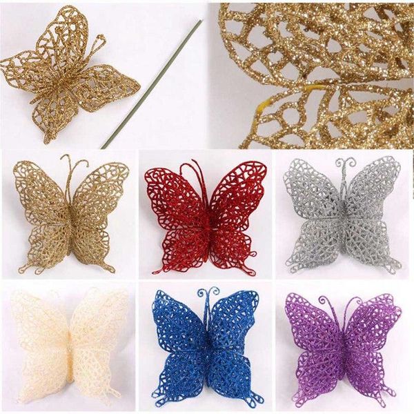

6 pcs/set christmas butterflies xmas tree ornaments gold glitter artificial flower diy crafts christmas tree decor