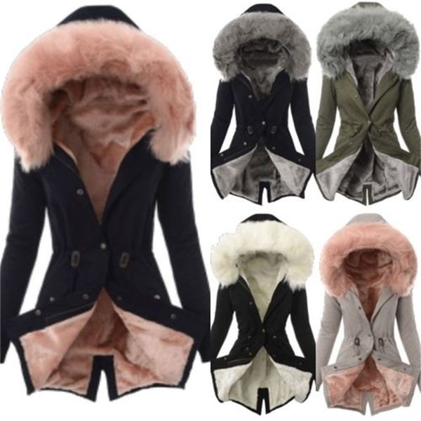 

women parkas winter coats hooded thick cotton fur collar warm female jacket fashion mid long wadded waist design outwear d20 201217, Black