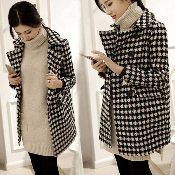 

elegant woolen plaid coat women 2020 spring autumn casual wool outwear female winter soft warm wool jackets ladies streetwear, Black