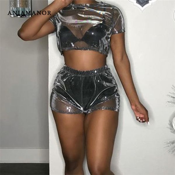 

anjamanor see through glitter lurex mesh two piece set matching crop and shorts cute summer outfit women club wear d74-i84 t200701, White