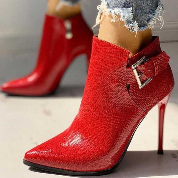 

boots low cut pointed toe side zip women ankle thin high heel cute short booties big size 43 buckle strap, Black