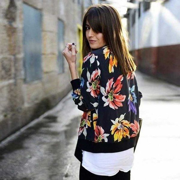 

fashion flower print women girls casual baseball sweatshirt zipper thin bomber jacket long sleeves coat outwear m8694 y7dz#, Black;brown
