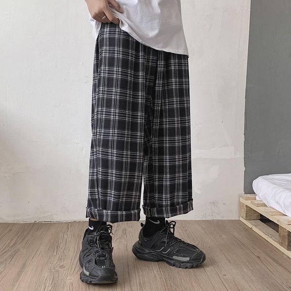 

men's pants spring summer plaid fashion retro casual wide-leg men streetwear korean hip-hop straight mens trousers, Black