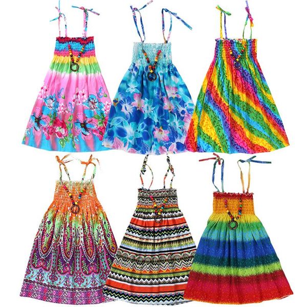 

summer girls floral dress sling ruffles bohemian beach princess dresses for girl clothing 2 6 8 12 years with necklace gift, Red;yellow