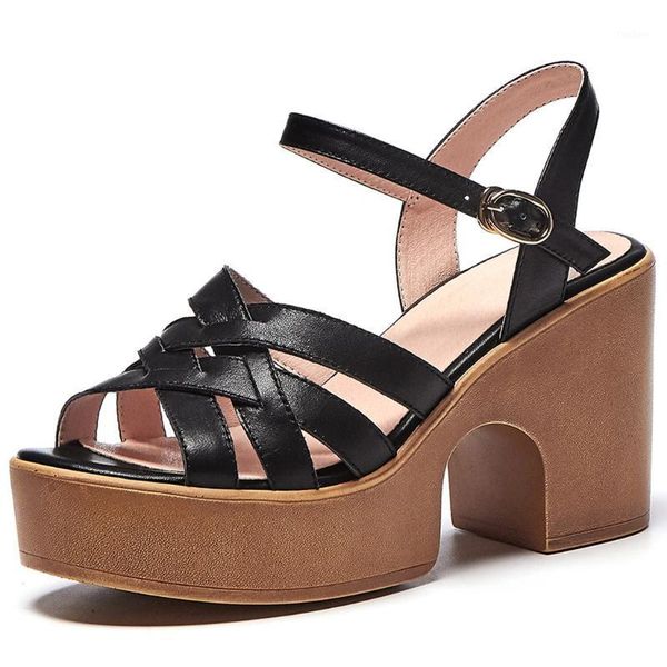 

women's genuine leather narrow band cross strap chunky heel platform sandals open toe summer high heels comfortable dress shoes1, Black