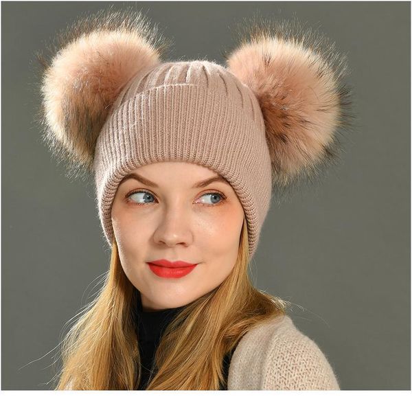 

double real raccoon fur pompom hat women winter caps knitted wool hats skullies beanies girls female two fur pom pom be jllgfi