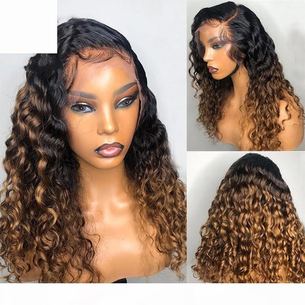 

paff ombre honey blonde curly human hair wig brazilian remy preplucked 13x4 lace front wig glueless baby hair for women, Black;brown