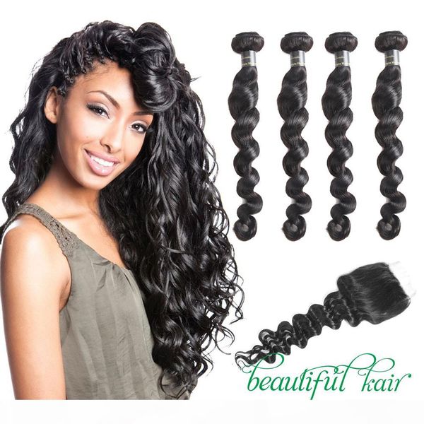 

9a brazilian virgin hair with closure human hair bundles with closure kinky curly deep wave water wave hair loose wave with closure, Black