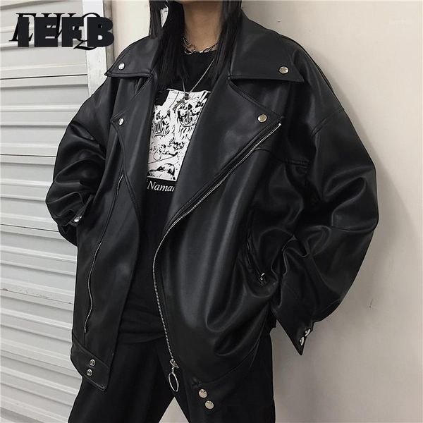 

iefb /men's wear 2020 autumn fashion new streetwear black pu leather oversize jacket loose zipper korean hip hop coat 9y11881