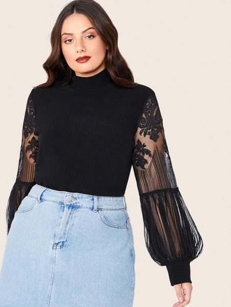 

plus mock neck lace lantern sleeve fitted x17x#, Black