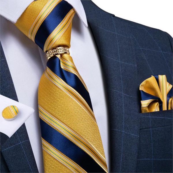 

dibangu mens necktie yellow blue striped wedding tie for men new design necktie ring hanky cufflinks silk tie set business party, Black;gray