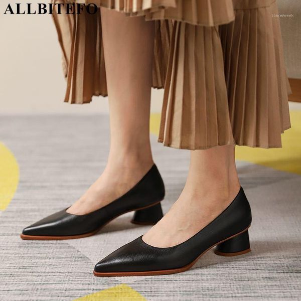

dress shoes allbitefo arrive genuine leather thick heels office ladies brand high women heel autumn women1, Black
