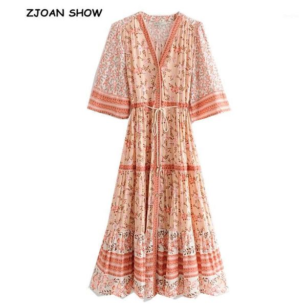 

2020 boho pink cherry blossom flower print dress ethnic woman adjustable lacing up waist single-breasted button dresses beach1, Black;gray