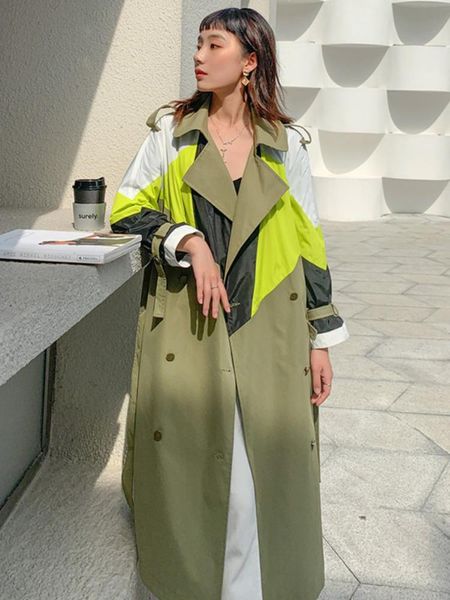 

long trench coat for women 2020 designer double breasted patchwork female loose streetwear chic windbreaker autumn, Tan;black