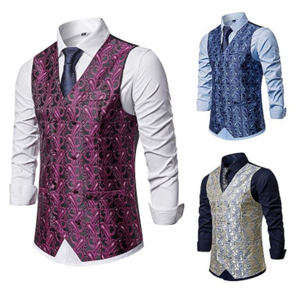 

double breasted mens vest casual paisley floral print colete social 2021 new luxury mens wedding waistcoats gilet costume homme, Black;white