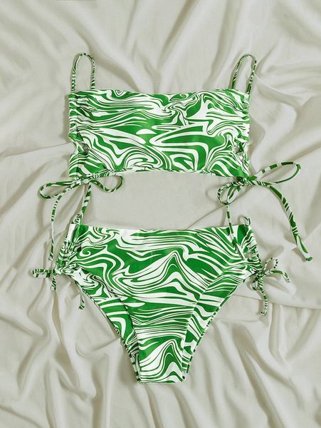 

abstract fluid pattern tie side bikini swimsuit q7i2#, White;black
