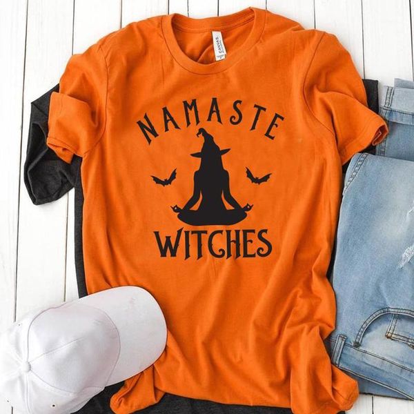 

namaste witches t-shirt halloween funny gift tshirt women fashion meditate spooky bat t shirts festival cotton drop ship1, White