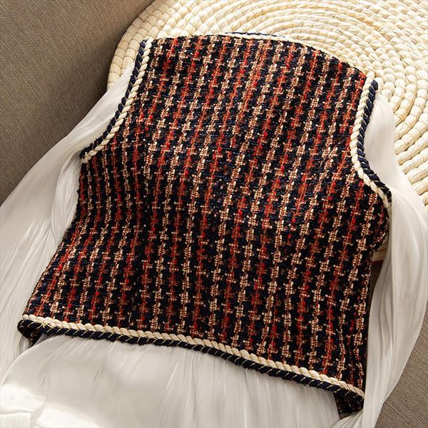 

red tweed vest womens fashion short cardigan vests all matching celebrity style plaid fringe waistcoat for women, Black;white