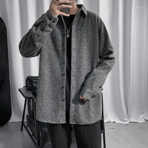 

men's long-sleeved shirt 2021 new spring and autumn casual woolen long-sleeved large size -5xl all-match men shirt thin jacket1, White;black