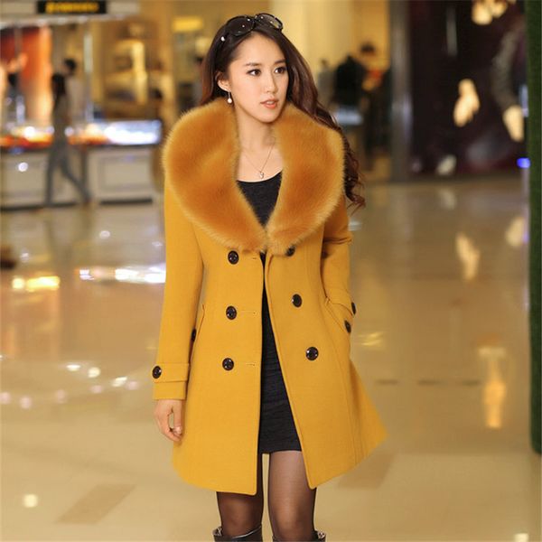 

plus size winter fur collar wool coats pocket bodycon korean style fashion ladies elegant coat 5xlx1020, Black