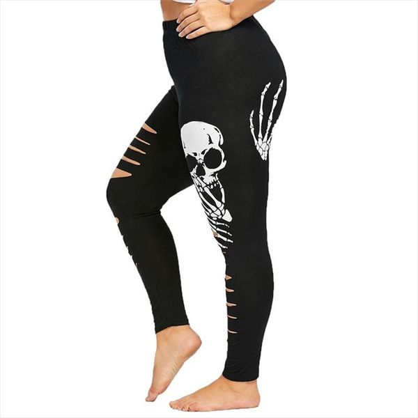 

plus size fashion pants women high waist sport trousers shredding ripped skulls printing leggings female causal leggings 25a, Black