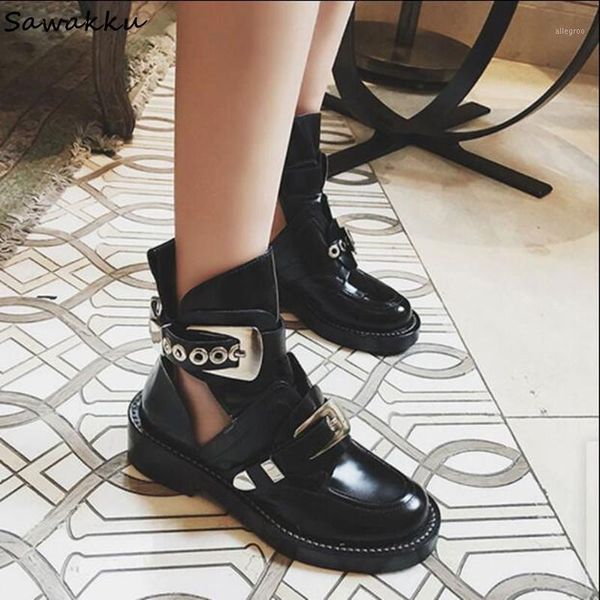 

boots fashion cut-out leather ankle low heels shoes women zapatos mujer classic round toe biker motorcycle1, Black