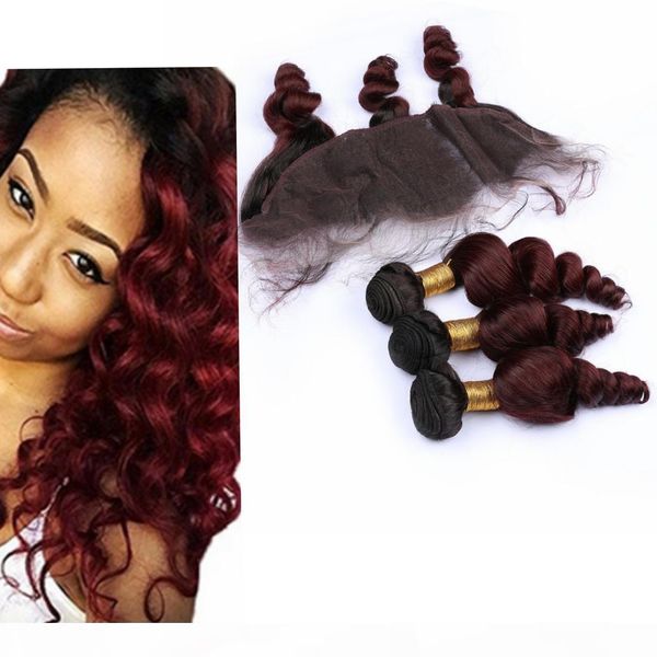 

ombre indian human hair unprocessed with closure #1b 99j dark root loose wave ombre frontal closure with bundles, Black;brown