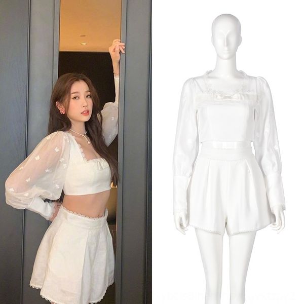 

yu butterfly shorts and shuxin star same white bow embroidered short square collar bubble sleeve shirt women's high waist shorts edwxr, Gray