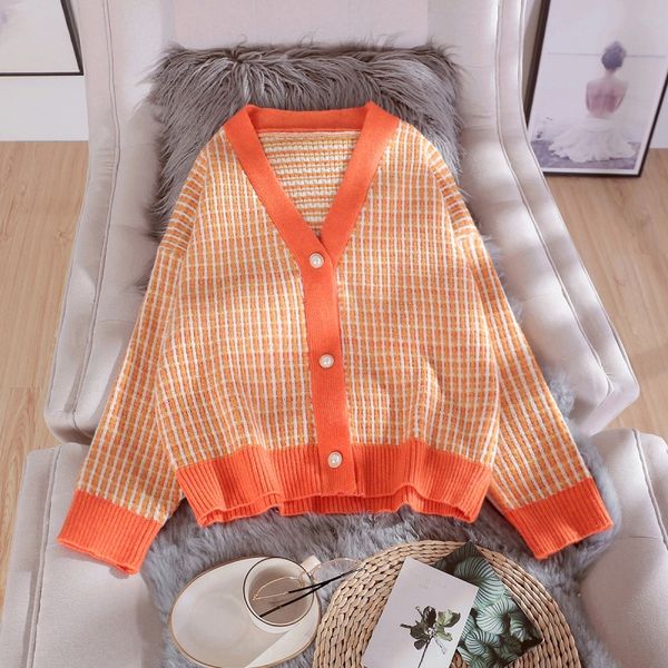 

early sweater jacket autumn 2020 new clothes lazy style loose fashion plaid sweater women cardigan knitting versatile women's jacket sh, White;black