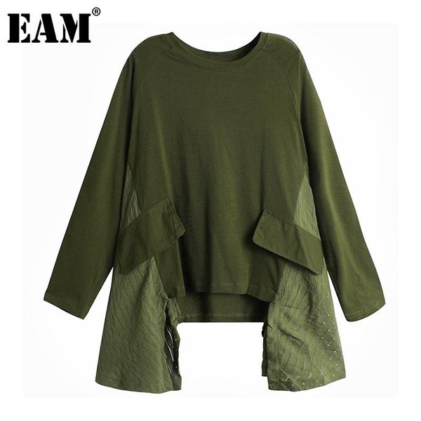 

eam] women army green irregular split big size t-shirt new round neck long sleeve fashion tide spring autumn 2020 1z450, White