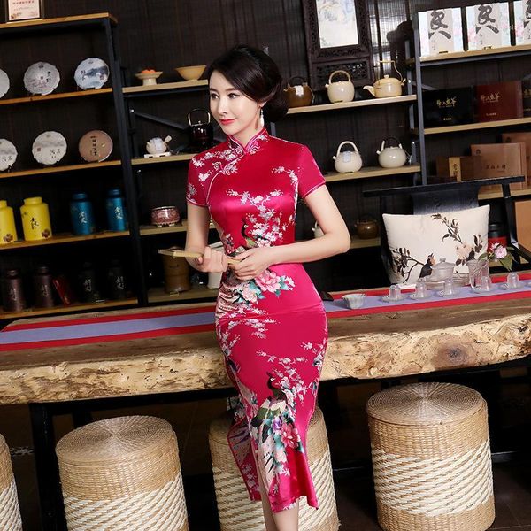 

2020 new long cheongsam chinese style lady qipao elegant slim summer dress 3xl 4xl 5xl 6xl1, Red