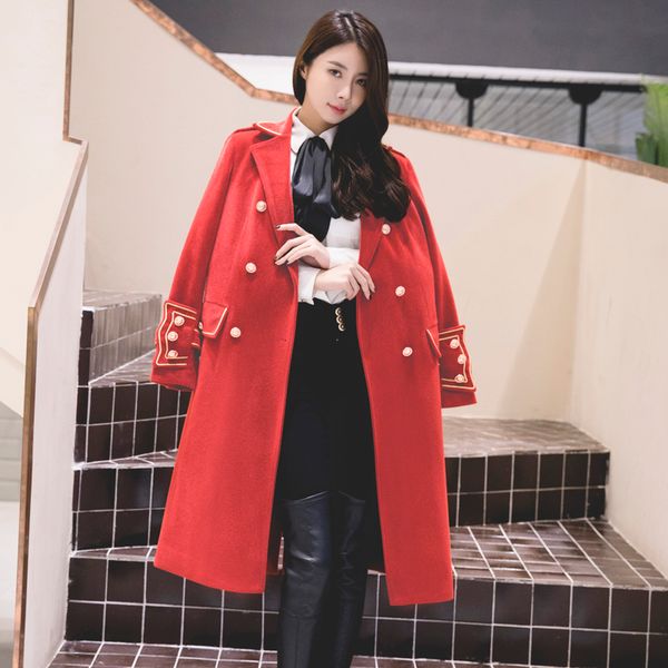 

2021 new fall winter women double breasted trench wool long military femme mujer vintage coat v051, Black