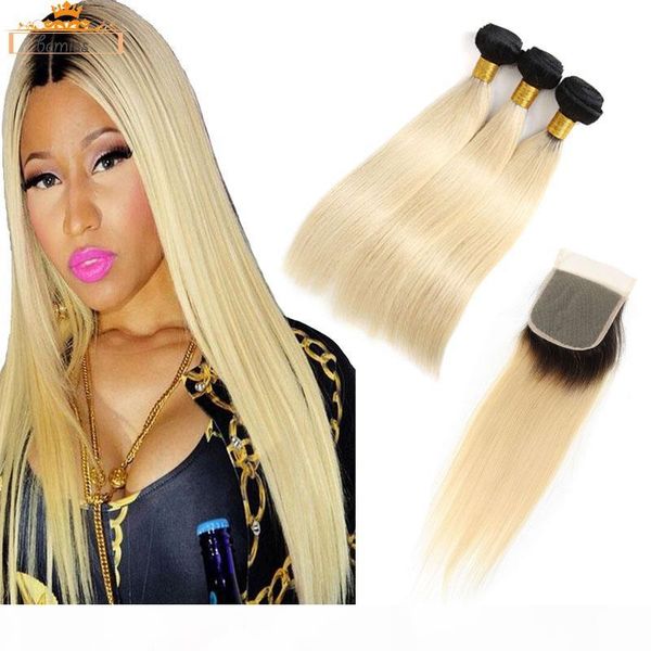 

bemiss hair 1b 613 blonde straight human hair 3 bundles with closure unprocessed brazilian virgin hair weave bundles straight extensions, Black