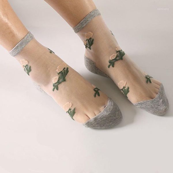 

1pair silk socks woman ultra-thin crystal cotton bottom summer rose jacquard crystal socks flower glasscasual ankle1, Black;white