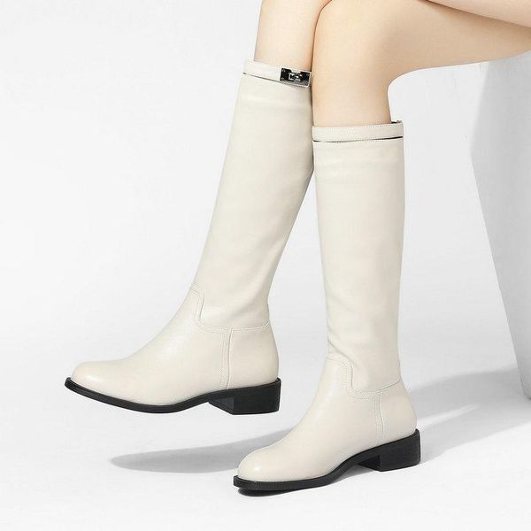 

faux leather woman long boots motorcycle boots women winter knee high low heels for women fashion buckle shoes, Black