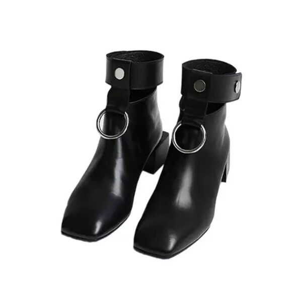 

2021 chic western weird winter heel shoes shape of leather women from foot square metal cirle tornozelo cowboy boots b63e, Black