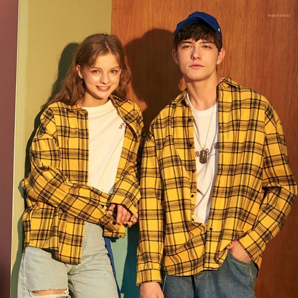 

women men vintage plaid print shirt fashion loose single-breasted lapel long sleeve loose blouse couple shirt1, White