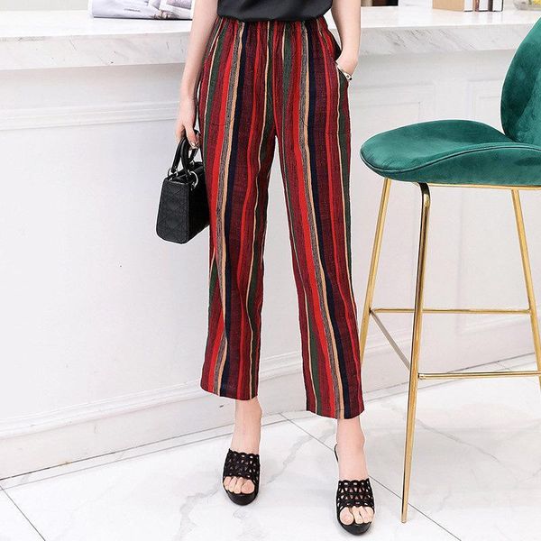 

women's pants & capris casual women trousers 2021 summer ankle-length harem fashion striped print cotton linen elastic waist plus size, Black;white