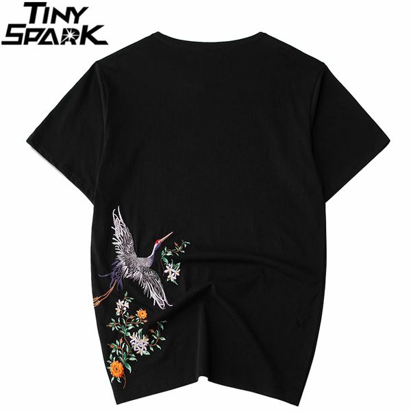 

embroidery crane t-shirt streetwear japanese style t shirt floral men hip hop tshirt casual tees black white, White;black